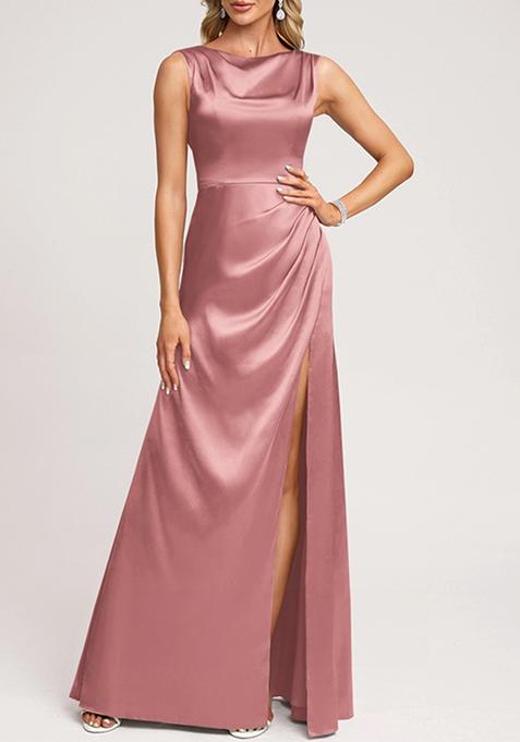 Pale Pink A-line Scoop Cowl Stretch Satin Gown