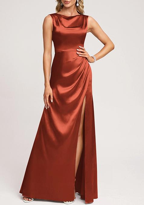 Dusty Red A-line Scoop Cowl Stretch Satin Gown