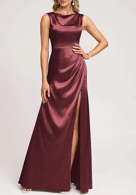 Purple A-line Scoop Cowl Stretch Satin Gown