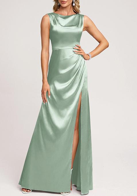 Green A-line Scoop Cowl Stretch Satin Gown