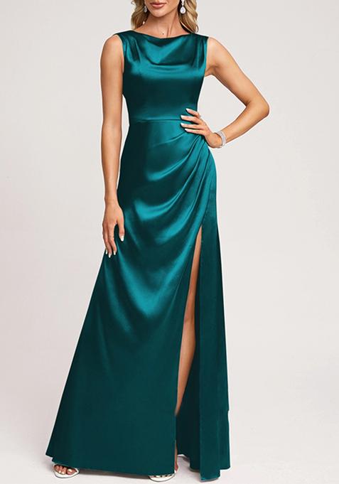 Peacock Green A-line Scoop Cowl Stretch Satin Gown