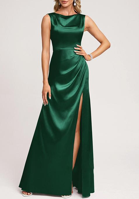 Dark Green A-line Scoop Cowl Stretch Satin Gown