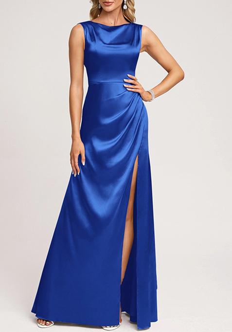 Royal Blue A-line Scoop Cowl Stretch Satin Gown