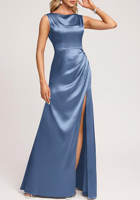 Slate Blue A-line Scoop Cowl Stretch Satin Gown