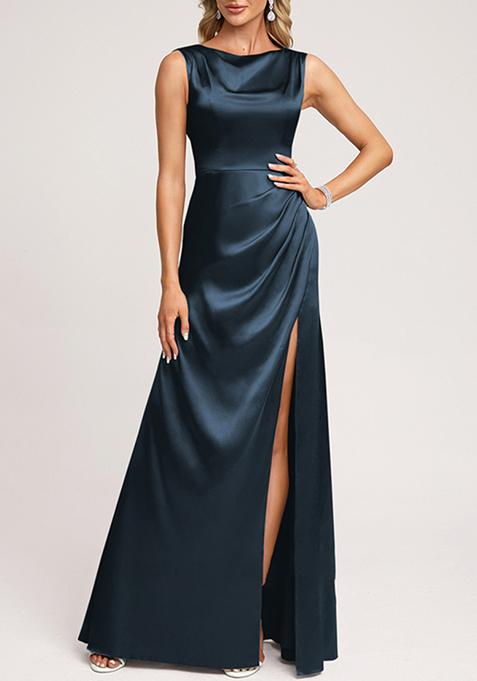 Dark Navy A-line Scoop Cowl Stretch Satin Gown