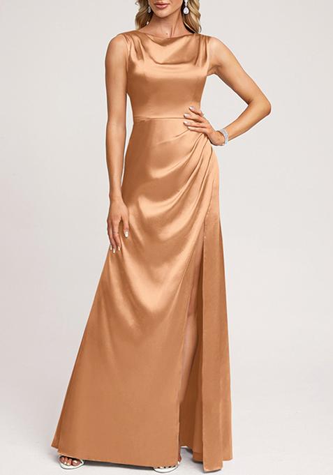 Brown A-line Scoop Cowl Stretch Satin Gown