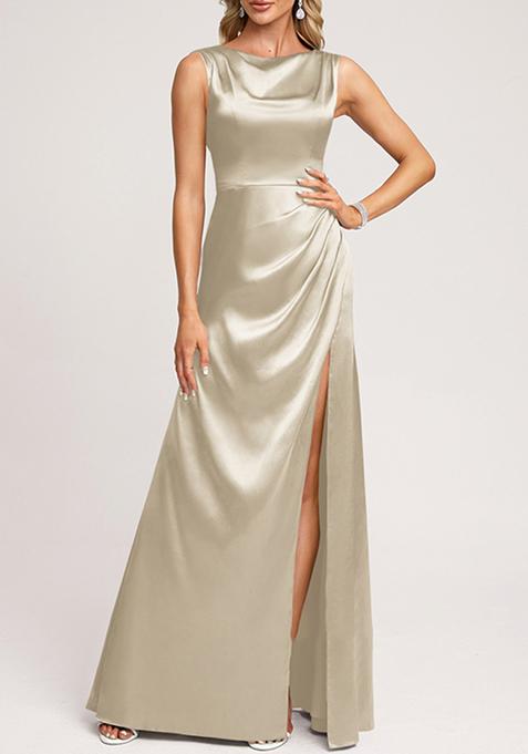 Grey A-line Scoop Cowl Stretch Satin Gown