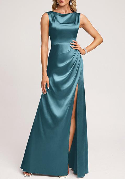 French Blue A-line Scoop Cowl Stretch Satin Gown