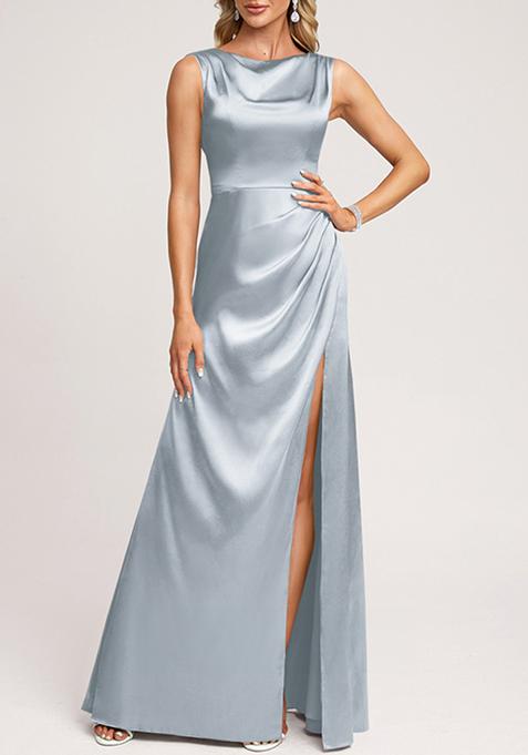 Ice Blue A-line Scoop Cowl Stretch Satin Gown