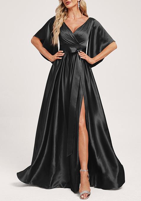 Black A-line V-Neck Stretch Satin Gown