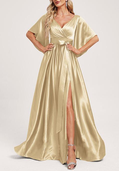 Light Brown A-line V-Neck Stretch Satin Gown