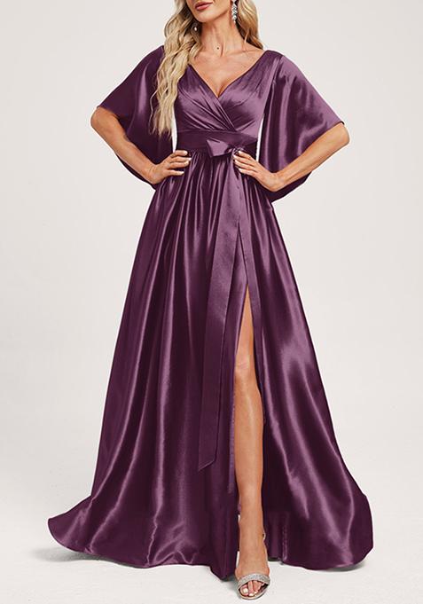 Purple A-line V-Neck Stretch Satin Gown