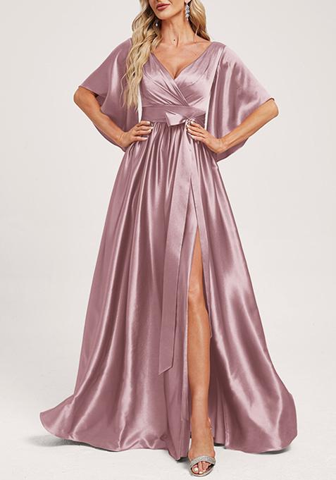 Vintage Mauve A-line V-Neck Stretch Satin Gown