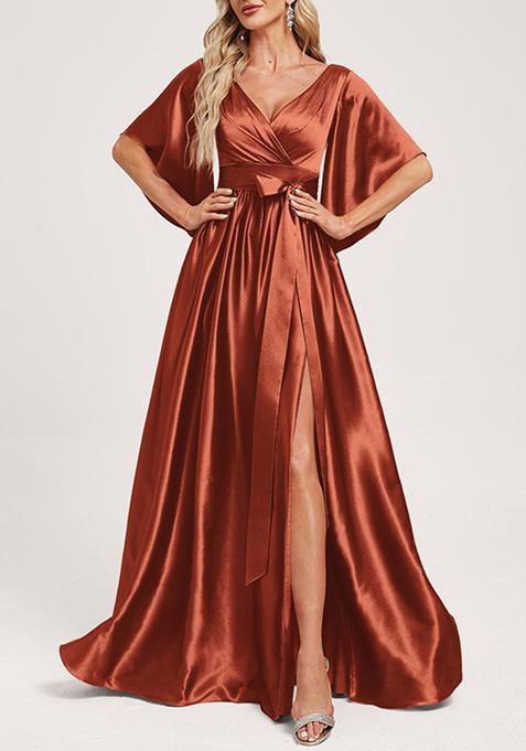 Dusty Red A-line V-Neck Stretch Satin Gown