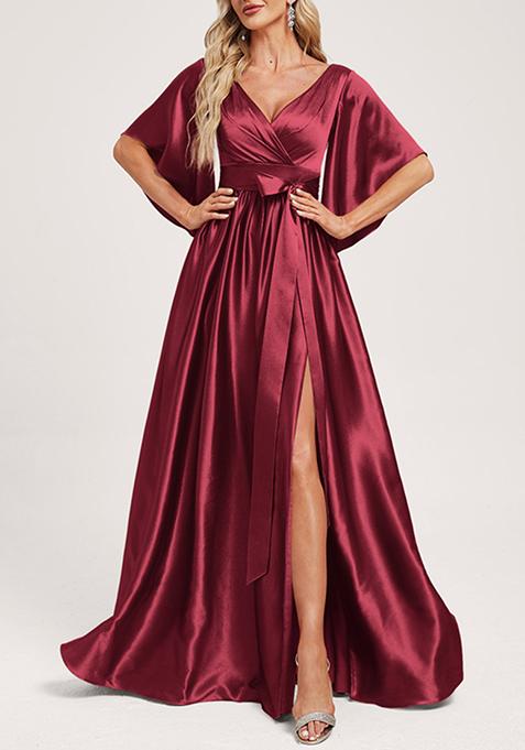 Burgundy A-line V-Neck Stretch Satin Gown