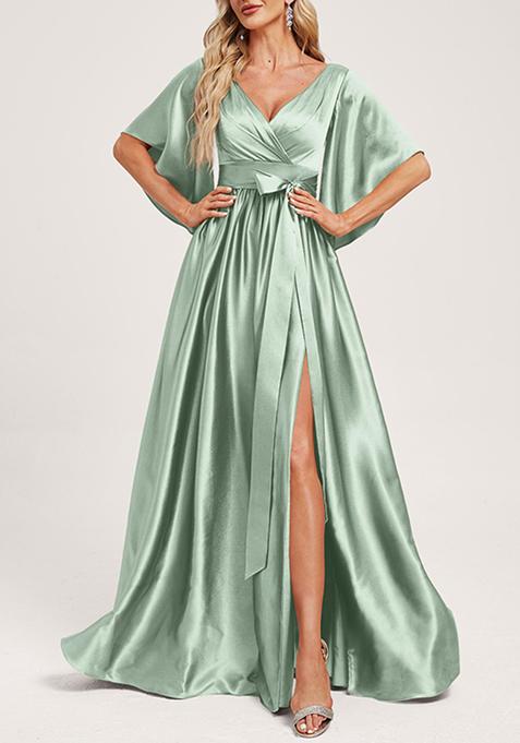 Green A-line V-Neck Stretch Satin Gown