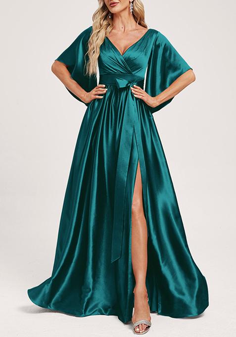 Peacock Green A-line V-Neck Stretch Satin Gown