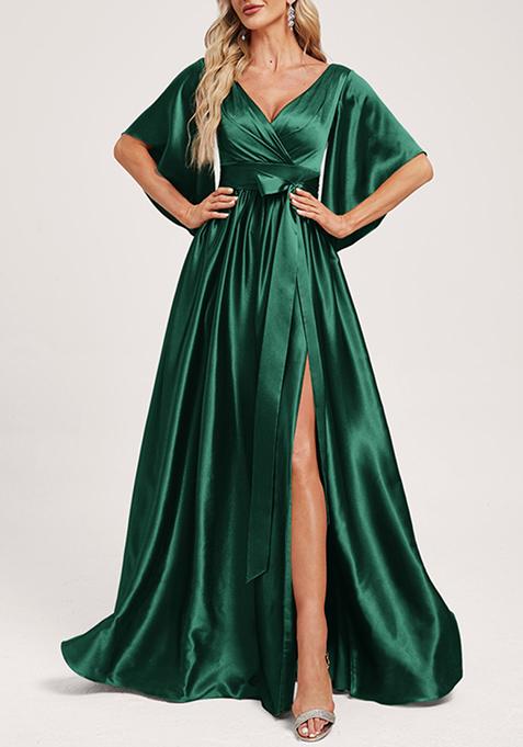 Dark Green A-line V-Neck Stretch Satin Gown