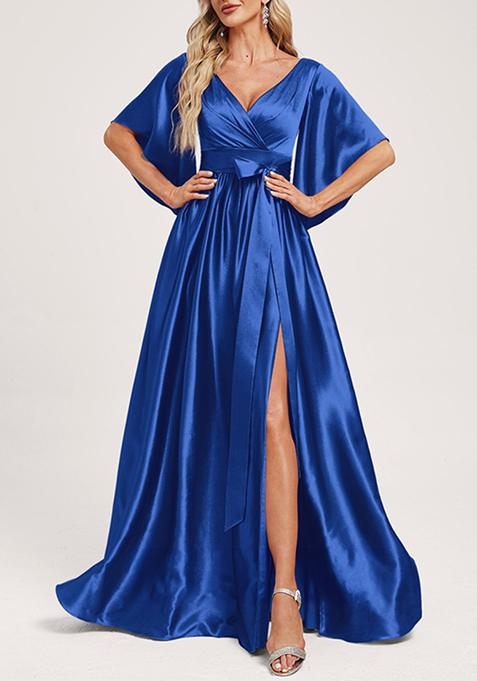 Royal Blue A-line V-Neck Stretch Satin Gown