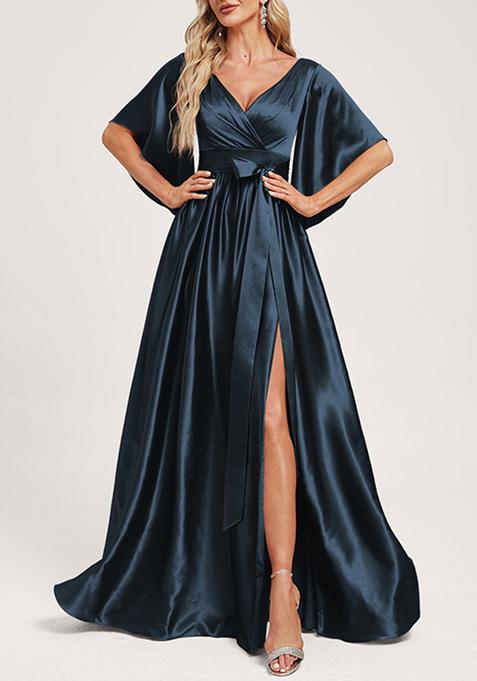 Dark Navy A-line V-Neck Stretch Satin Gown