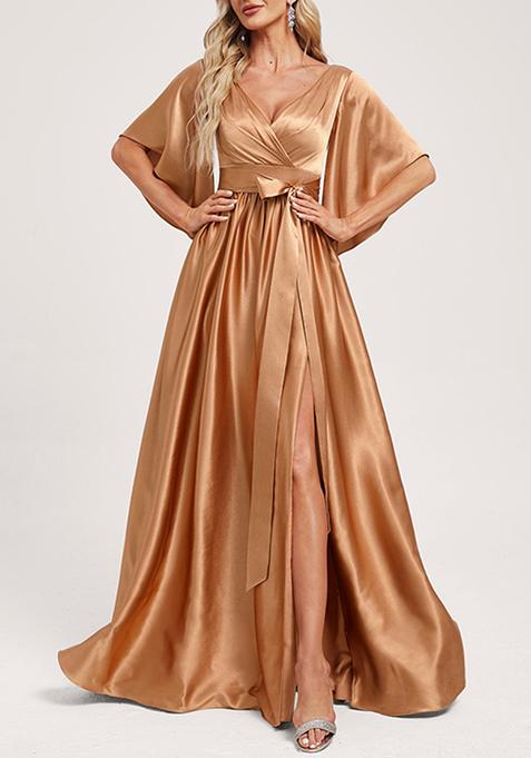 Brown A-line V-Neck Stretch Satin Gown