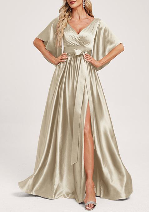 Grey A-line V-Neck Stretch Satin Gown