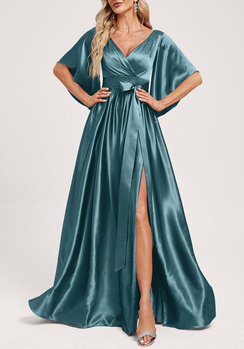 French Blue A-line V-Neck Stretch Satin Gown