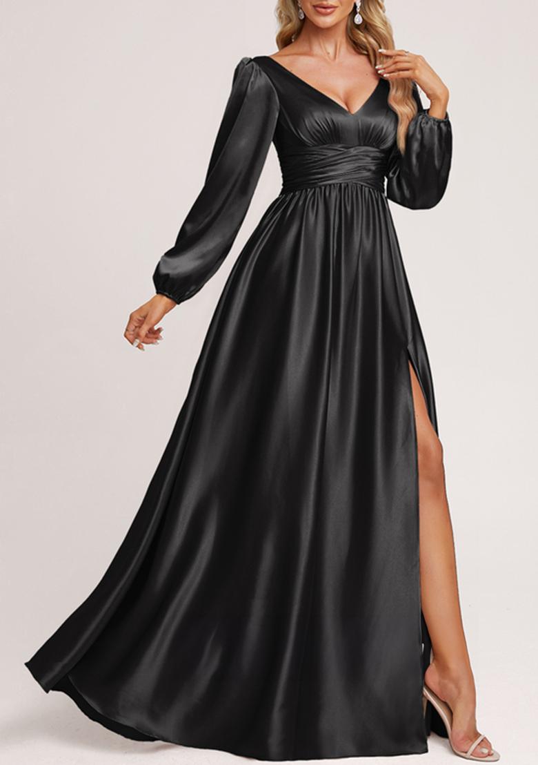 Black A-line V-Neck Stretch Satin Gown