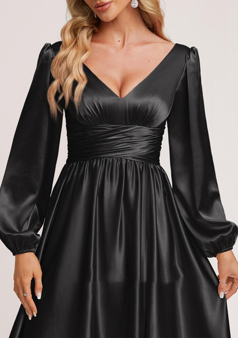 Black A-line V-Neck Stretch Satin Gown