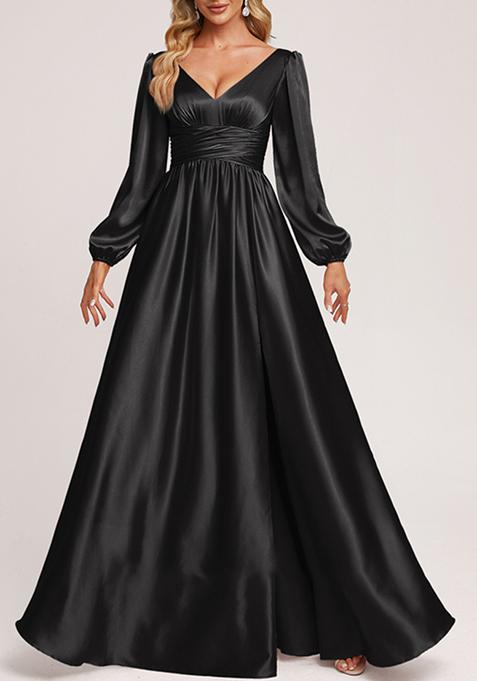 Black A-line V-Neck Stretch Satin Gown