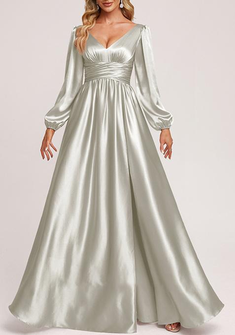 Silver A-line V-Neck Stretch Satin Gown