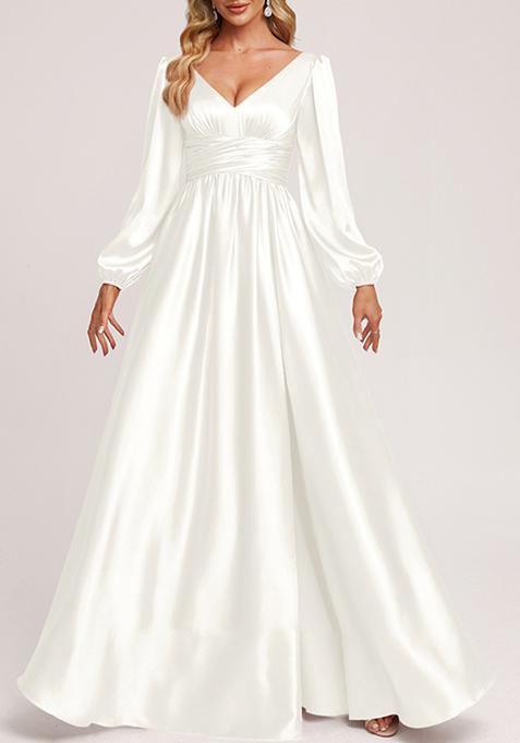 Ivory A-line V-Neck Stretch Satin Gown