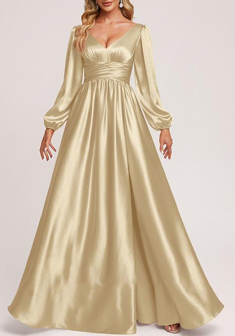 Light Brown A-line V-Neck Stretch Satin Gown