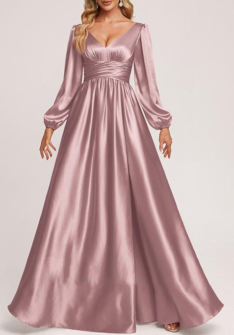 Vintage Mauve A-line V-Neck Stretch Satin Gown