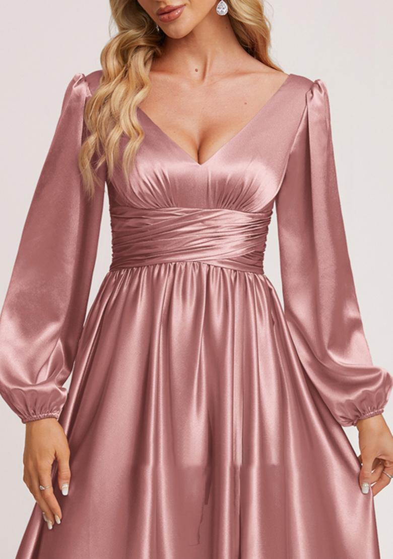 Pale Pink A-line V-Neck Stretch Satin Gown