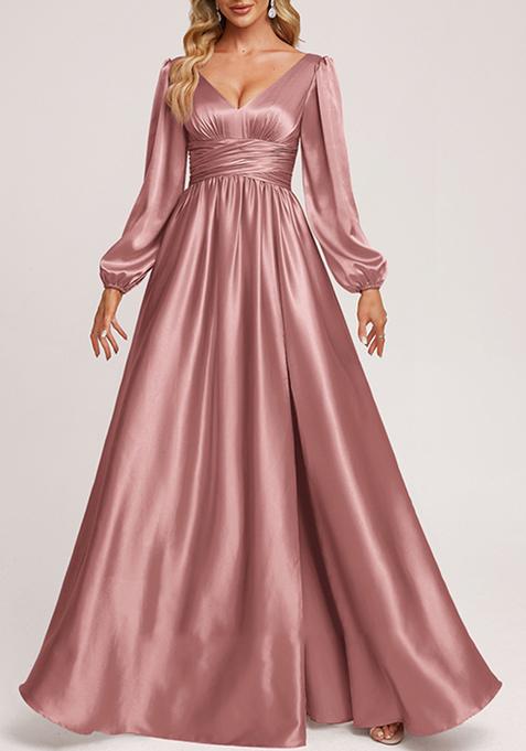 Pale Pink A-line V-Neck Stretch Satin Gown