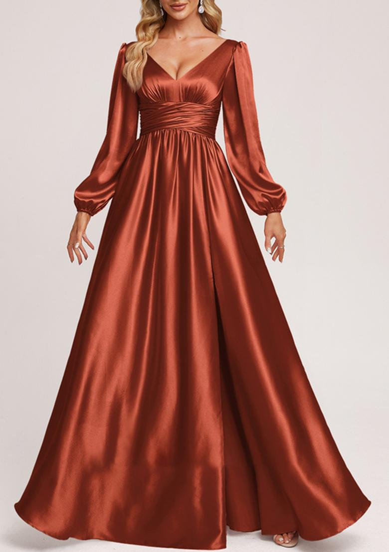 Buy Women Dusty Red A-Line V-Neck Stretch Satin Gown MFD10523
