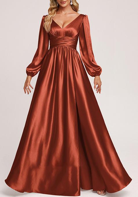 Dusty Red A-line V-Neck Stretch Satin Gown