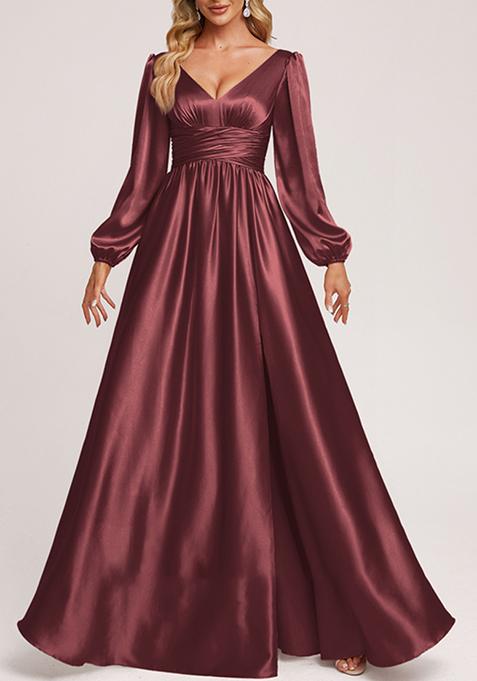 Purple A-line V-Neck Stretch Satin Gown