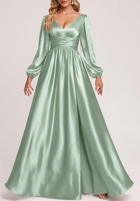 Green A-line V-Neck Stretch Satin Gown