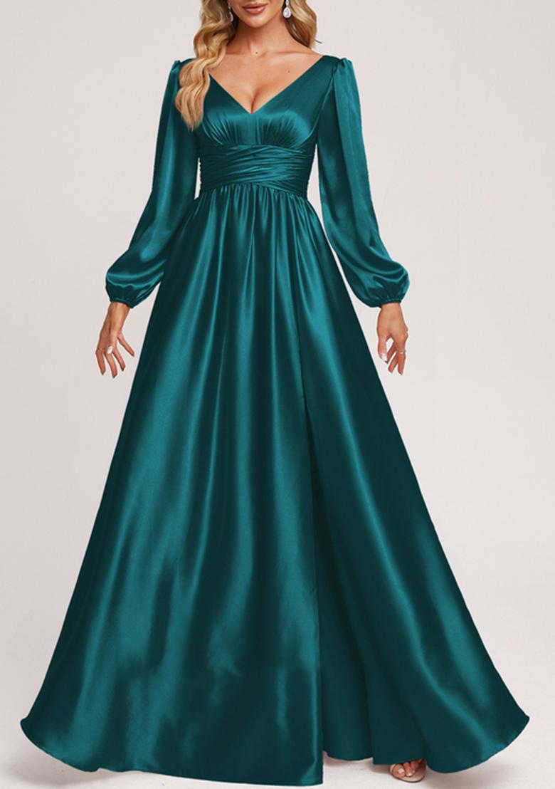 Buy Women Peacock Green A-Line V-Neck Stretch Satin Gown