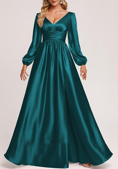 Peacock Green A-line V-Neck Stretch Satin Gown