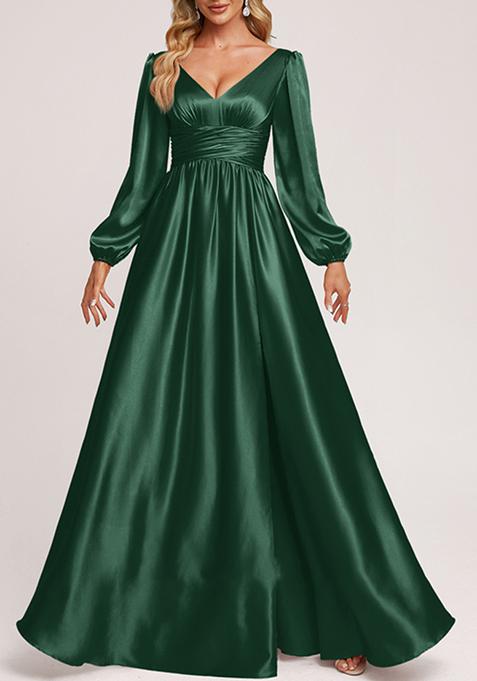 Hunter Green A-line V-Neck Stretch Satin Gown