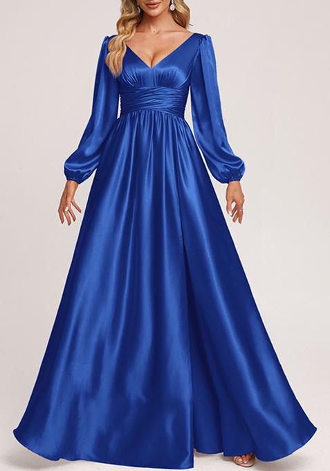 Royal Blue A-line V-Neck Stretch Satin Gown