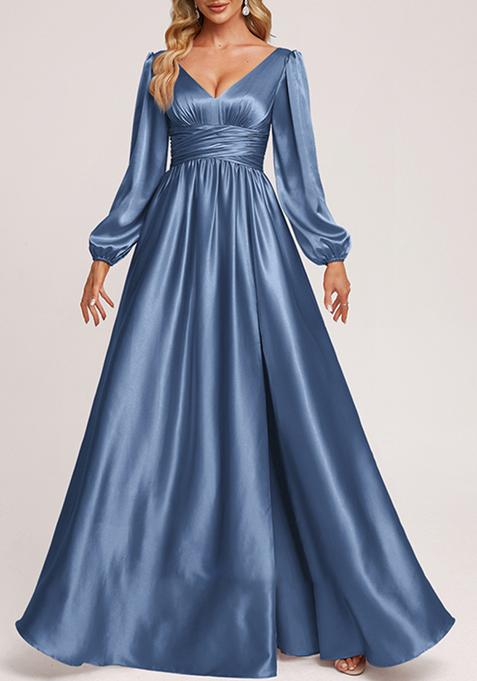 Slate Blue A-line V-Neck Stretch Satin Gown