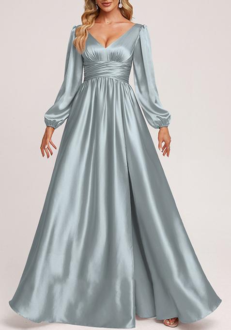 Dusty Blue A-line V-Neck Stretch Satin Gown