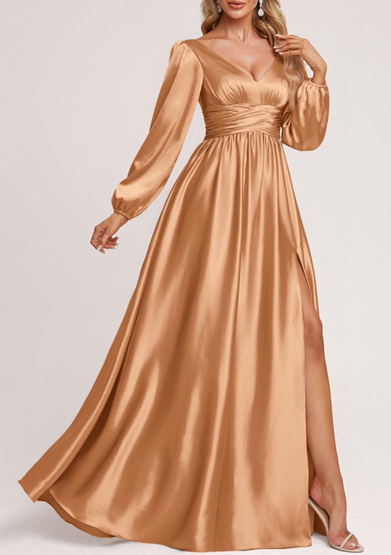 Brown A-line V-Neck Stretch Satin Gown