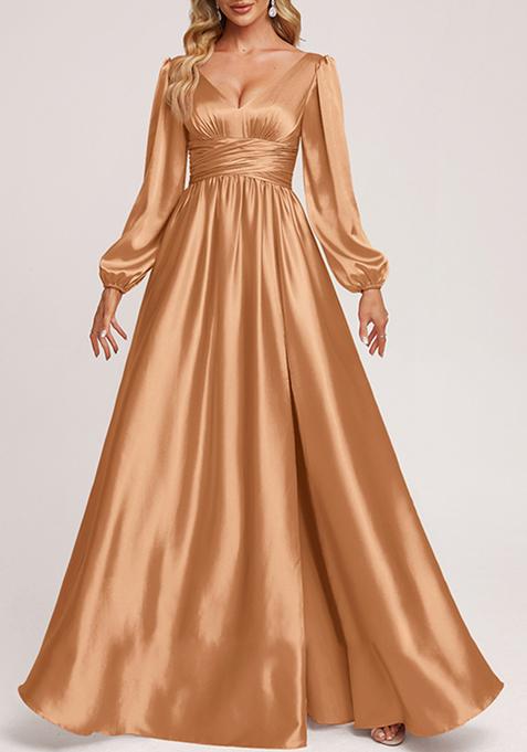 Brown A-line V-Neck Stretch Satin Gown