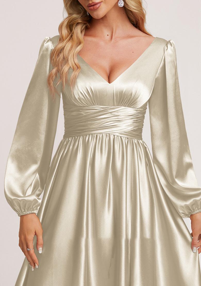 Satin Fabric V Neck Dress With Sleeves Buy Women Grey A-Line V