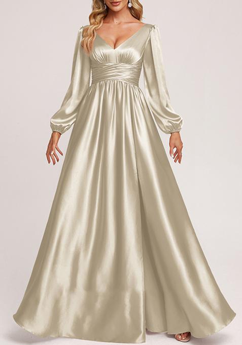 Grey A-line V-Neck Stretch Satin Gown